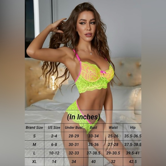 Neon Lace Lingerie Set Blue & Pink Underwire Bra + Thong 2-Piece - Picture 5 of 6